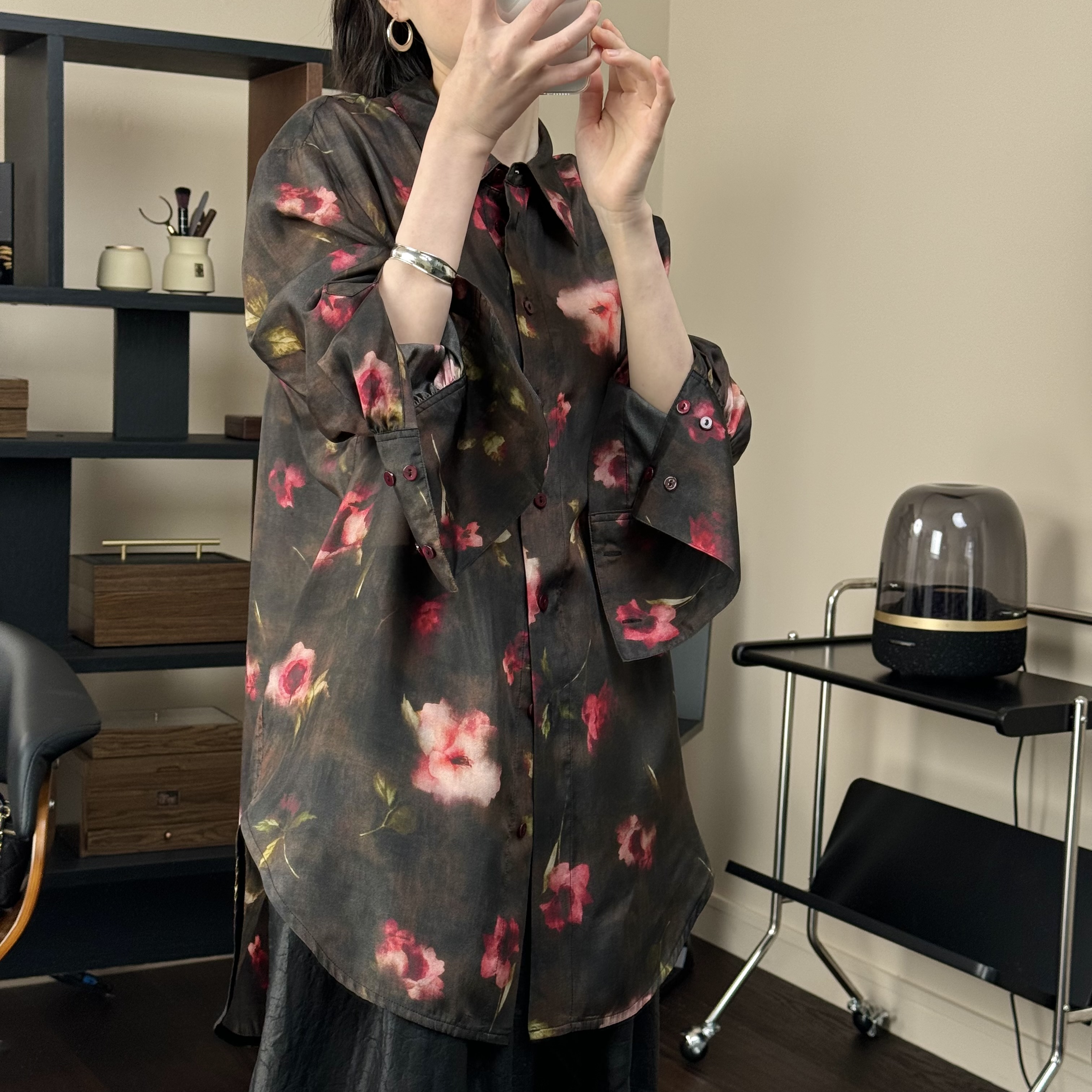 【清】法式黑色印花桑蚕丝衬衫 801【胸围126 衣长81】