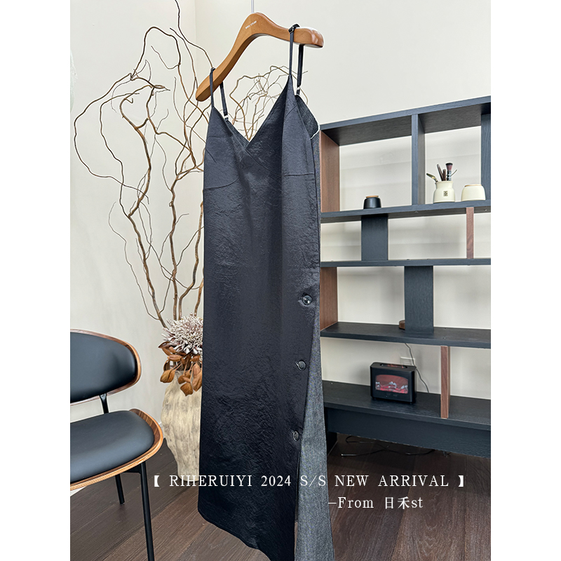 【清】小众款 土耳其牛仔拼接醋酸吊带裙 1339