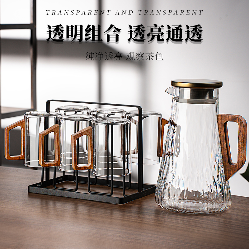 家用中式带把耐热水杯套装透明纯净绿茶杯大容量喝水杯茶具待客用