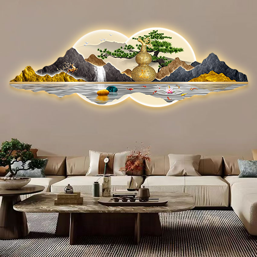 新中式葫芦客厅装饰画山水迎客松茶室壁画氛围灯光沙发背景墙挂件