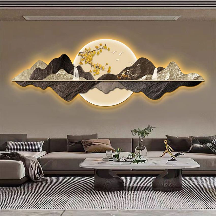 新中式福禄山水画现代简约客厅装饰画轻奢沙发背景墙画氛围灯画