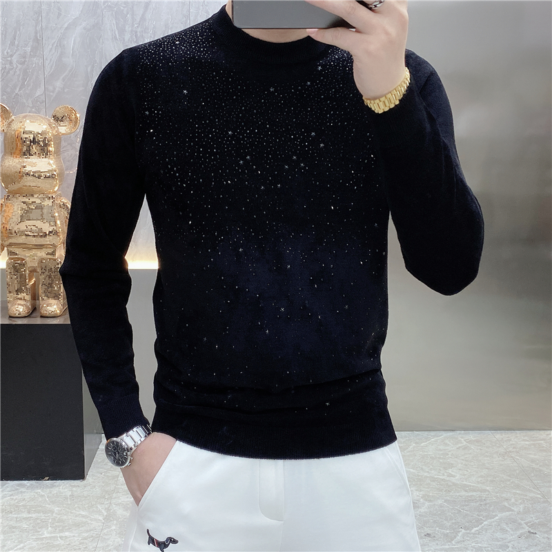 卡宾鼠秋冬新款欧货潮牌满天星烫钻圆领套头长袖针织衫修身男士潮