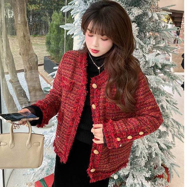 新款洋气红色新年衣服百搭宽松小香风名媛加厚短外套女秋冬