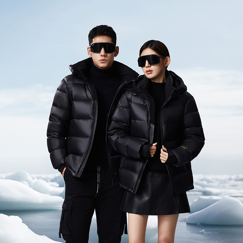 罗宾汉黑色金标时尚男女同款连帽短款鹅绒羽绒服保暖加厚冬季1