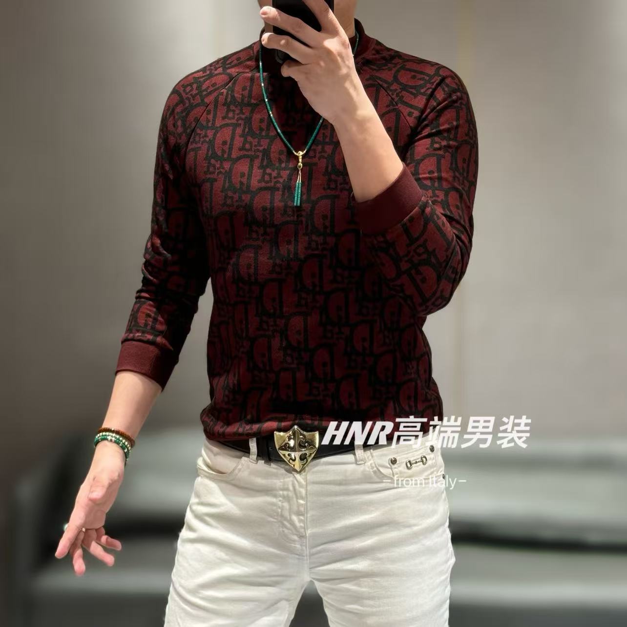 【石墨烯聚热锁温】满花字母图案新款男士气质时尚长袖T恤1101