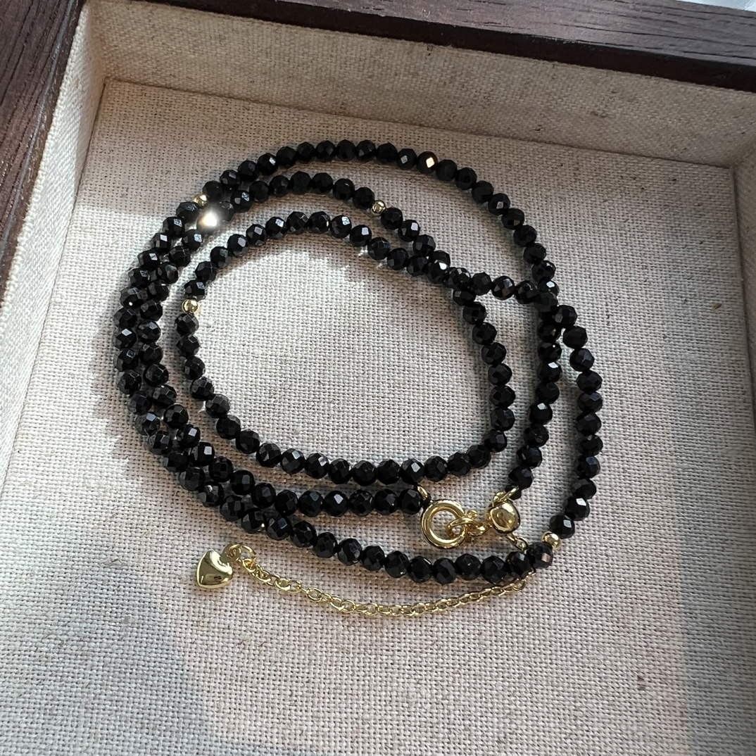 3mm黑尖晶石项链时尚高级感黑色珠珠多圈切面气质百搭45+5cm