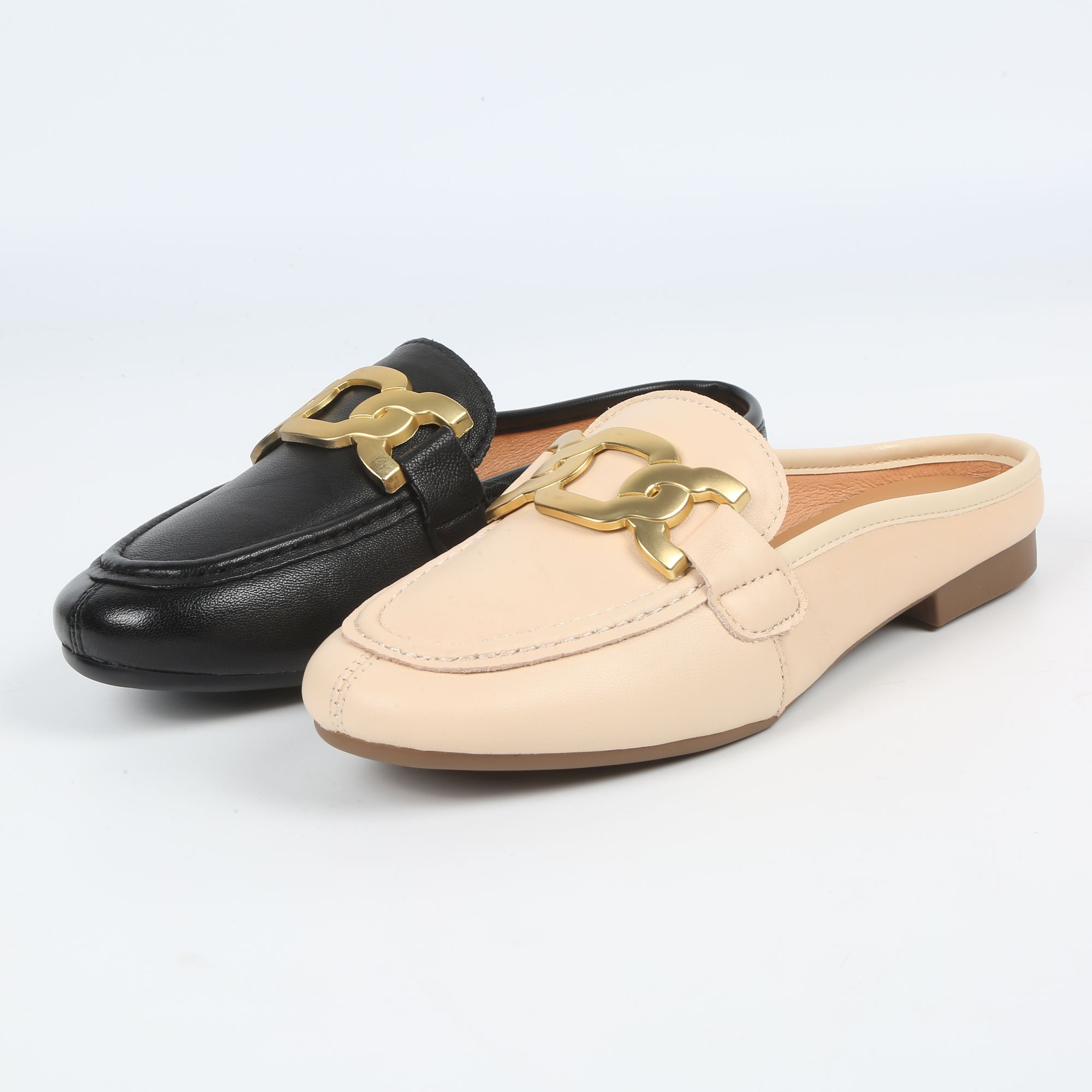 女鞋半拖真皮经典包头平底马衔扣穆勒拖舒适百搭夏季方头低跟