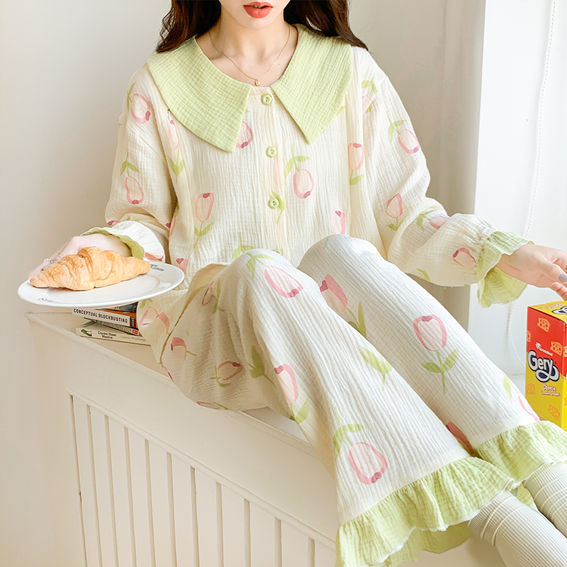 春夏纯棉双层纱布薄款月子服亲肤纱布棉孕妇公主风辣妈哺乳套装