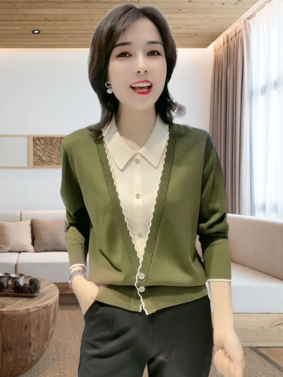 莱赛尔天丝高档妈妈装针织毛衣女2023秋冬遮肚宽松假两件打底小衫