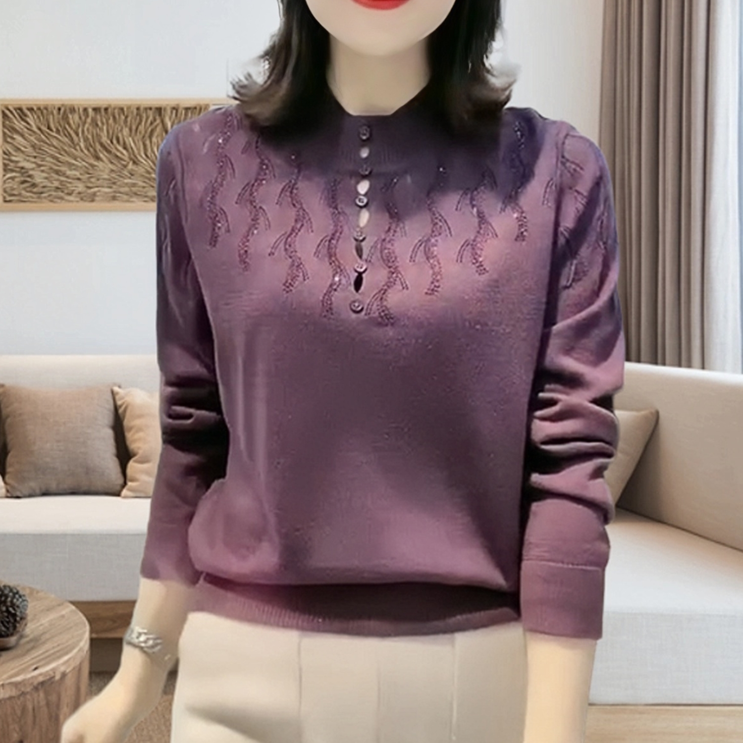 洋气妈妈装长袖上衣2024早秋新款高档烫钻半高领显瘦减龄打底衫女