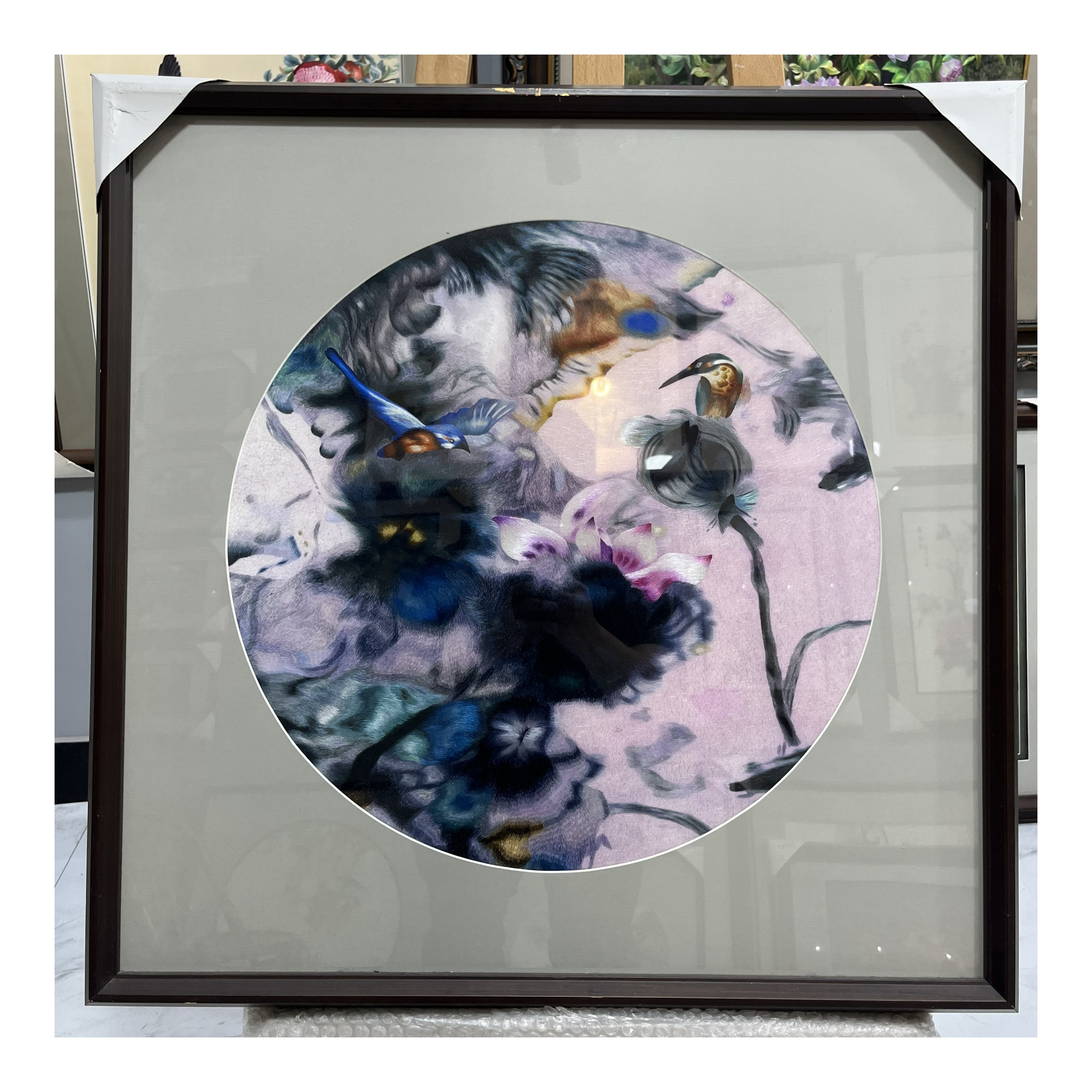 《荷花蜂鸟》满工绣油画类作品适用于餐厅客厅中式刺绣