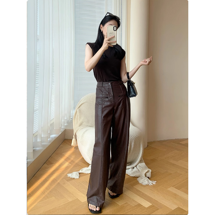 海宁进口全植鞣绵羊皮拖地皮裤女显瘦休闲直筒裤秋冬新款西装长裤