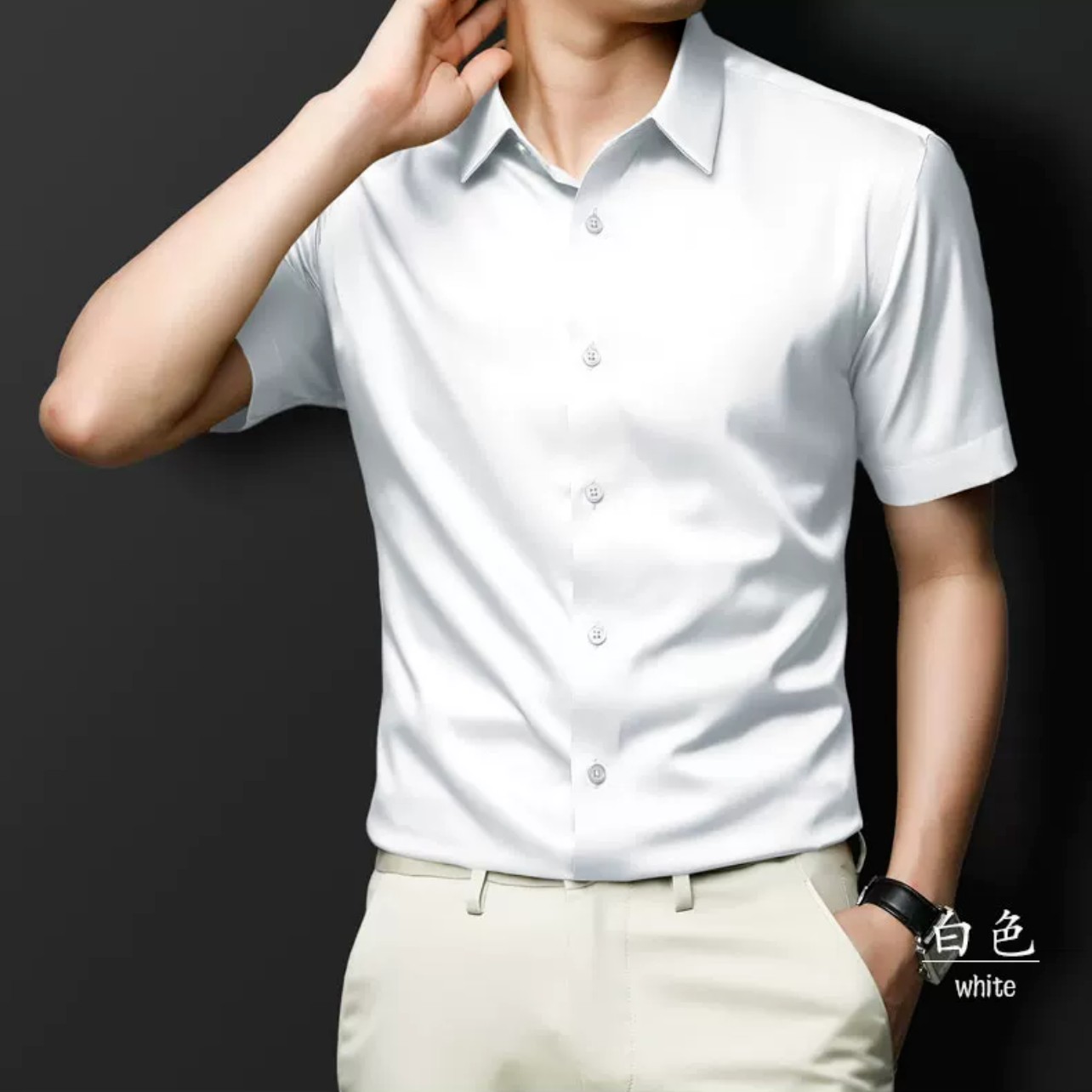 夏季四股双面活性纤维薄款新款短袖无痕纯色免烫高弹男士衬衫8099