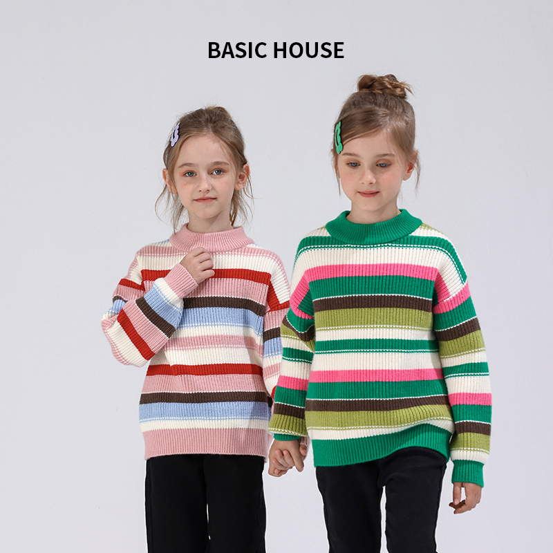 女童春秋新款童装条纹套头宽松圆领长袖毛衣