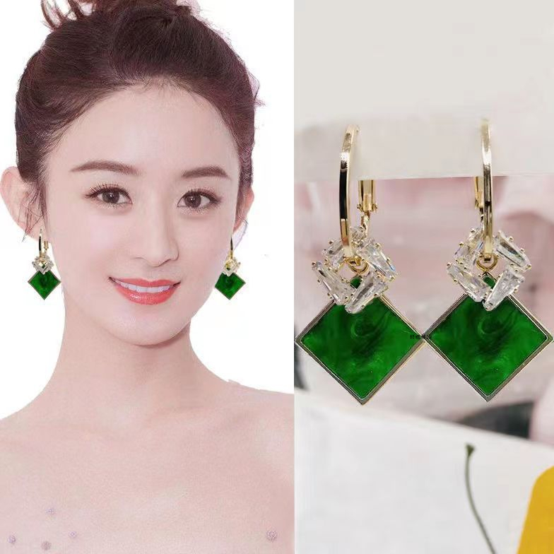 新款潮绿色双菱形耳环网红百搭法式耳扣高级感轻奢小众设计感耳饰