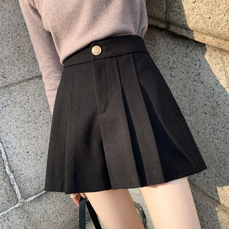 毛呢短裤女秋冬季新款高腰百搭a字百褶阔腿裤外穿呢子靴裤
