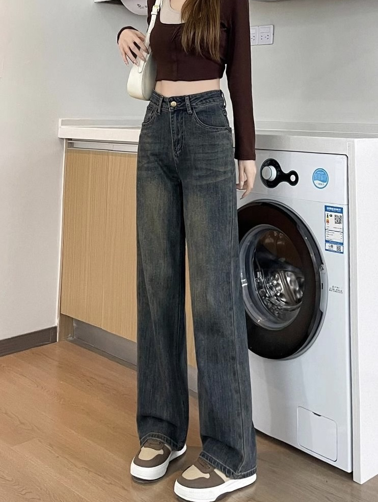 纳米灰阔腿牛仔裤女秋2025年新款宽松显瘦百搭直筒小个子福音