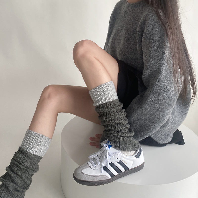 灰色堆堆袜套女款春秋针织毛线腿套秋冬季保暖中筒袜子y2k过膝袜