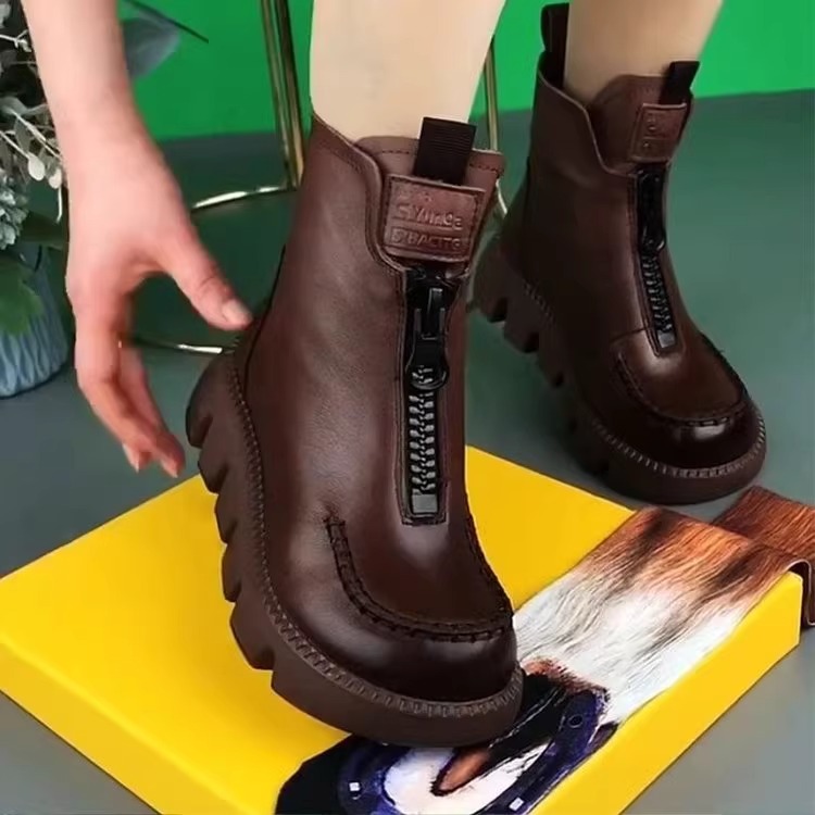 【小扬推荐哥】【小扬推荐哥】品牌牛皮前拉链马丁靴女2023年秋冬加绒