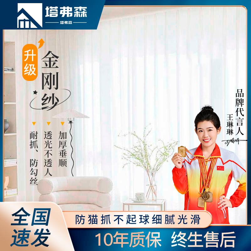 金刚纱帘白纱窗帘透光不透人窗纱飘窗客厅阳台防猫抓白色高级感纱