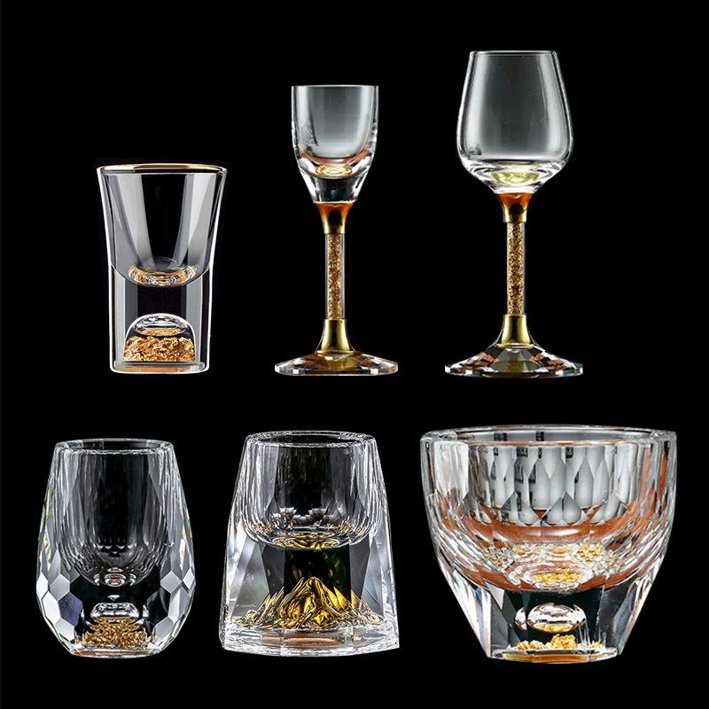 金箔白酒杯水晶玻璃家用高档小号一口子弹杯中式高脚茅台小酒杯