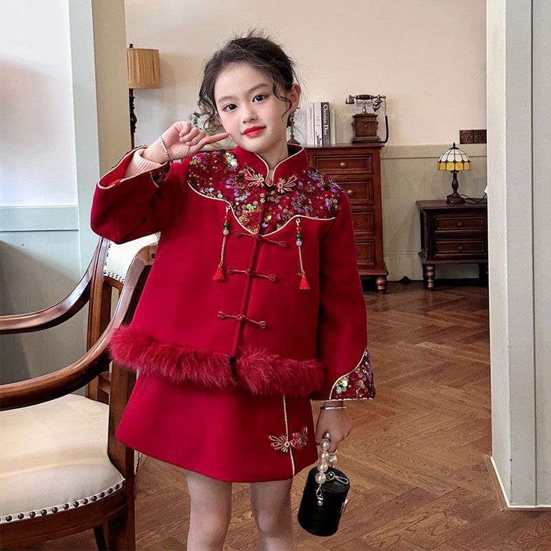 【巴拉甄选】女童套装新年2023新款春节两件套红色中大童亮片新中