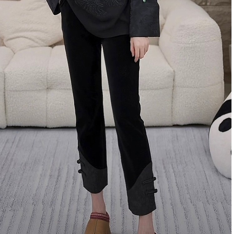 (   小神裤  )  中式丝绒拼接盘扣九分直筒裤
