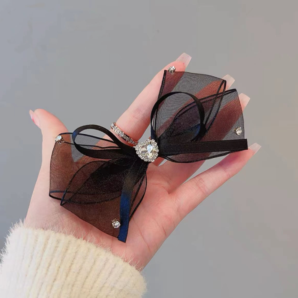 黑色新款轻奢网纱蝴蝶结发夹气质网红少女甜美后脑勺发卡发饰头饰