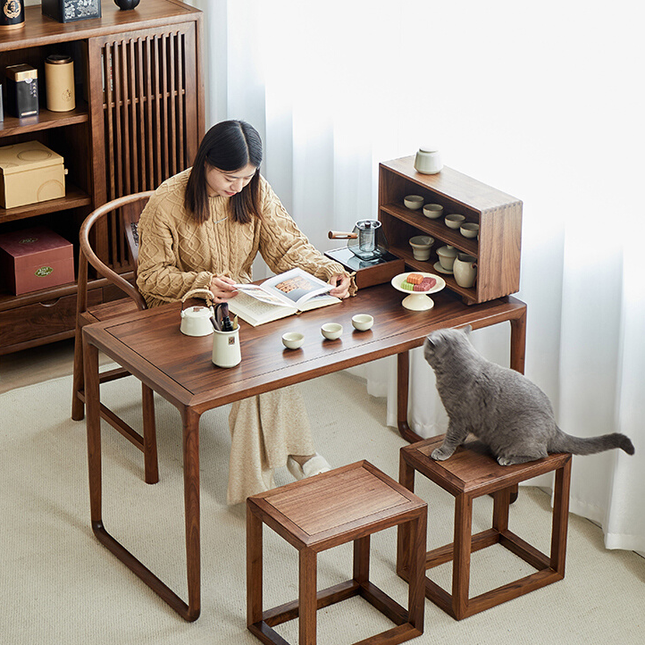 北美黑胡桃木全实木茶桌现代简约实木茶台阳台小户型家用茶几