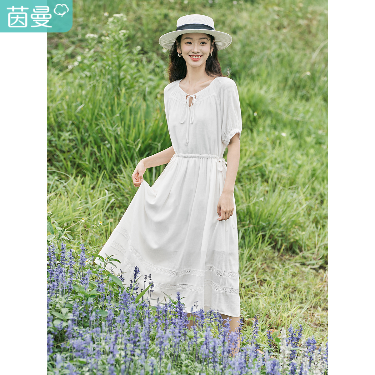 【大牌女装】茵曼夏季法式系带圆领抽绳高收腰小众A摆插肩袖长裙女 