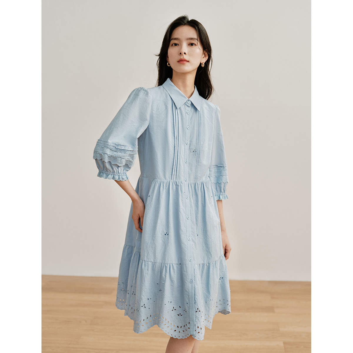 【商场同款】茵曼春秋女连衣裙裙子气质衬衫新款短袖娃娃休闲蛋糕领