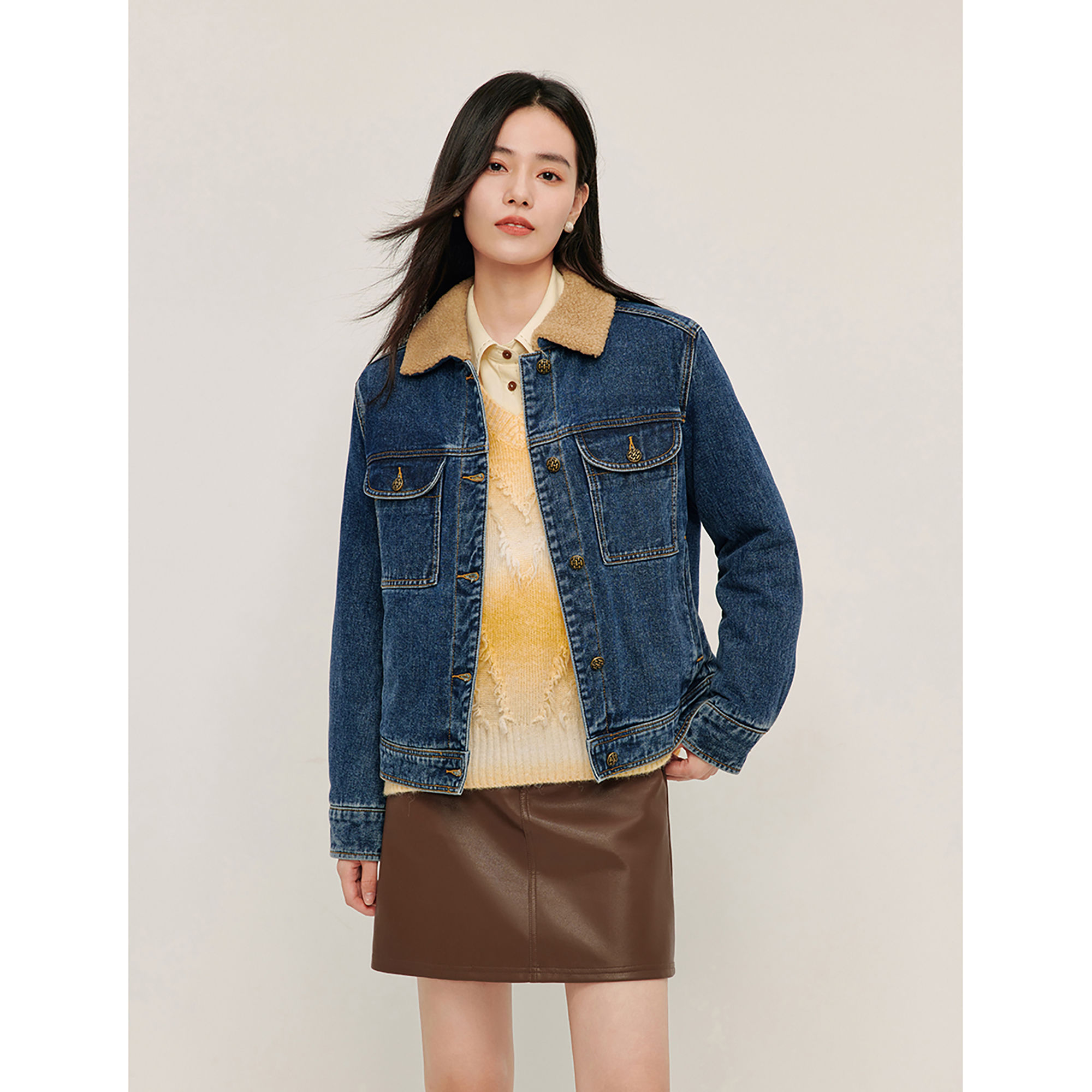 茵曼商城同款冬季新款女棉衣/棉服外套女装上衣毛羊羔