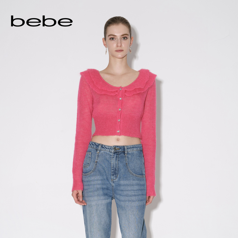 bebe【温莎风格】新品圆领木耳边马海毛羊毛针织衫330601