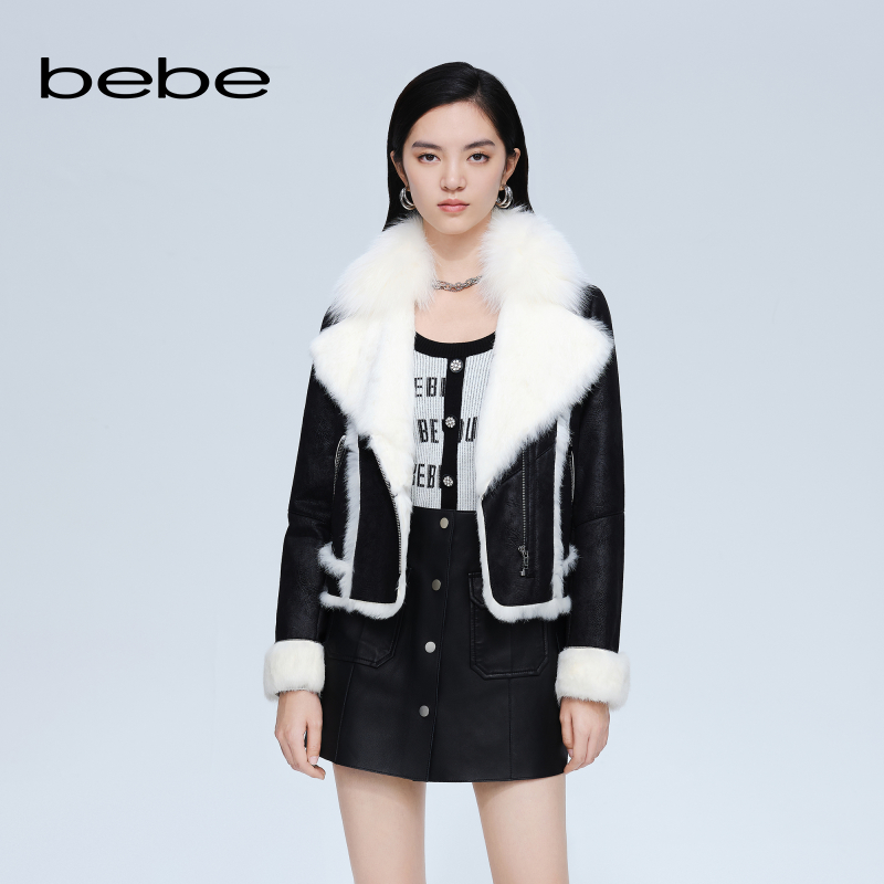 bebe冬季系列女士经典保暖狐狸毛领拼接短款夹克外套402110