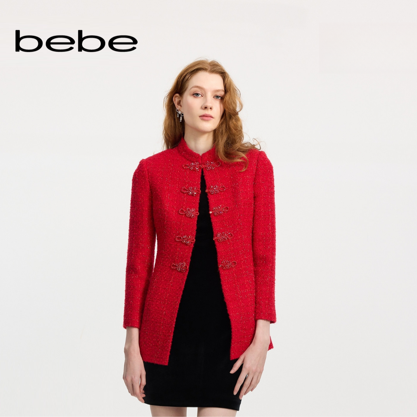 【新中式】bebe冬季女士含羊毛红色立领盘口花呢夹克外套440305
