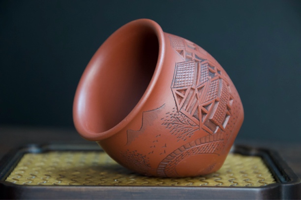 宜兴原矿大红袍手工刻绘江南古韵对杯双色小口杯紫砂主人杯茶杯