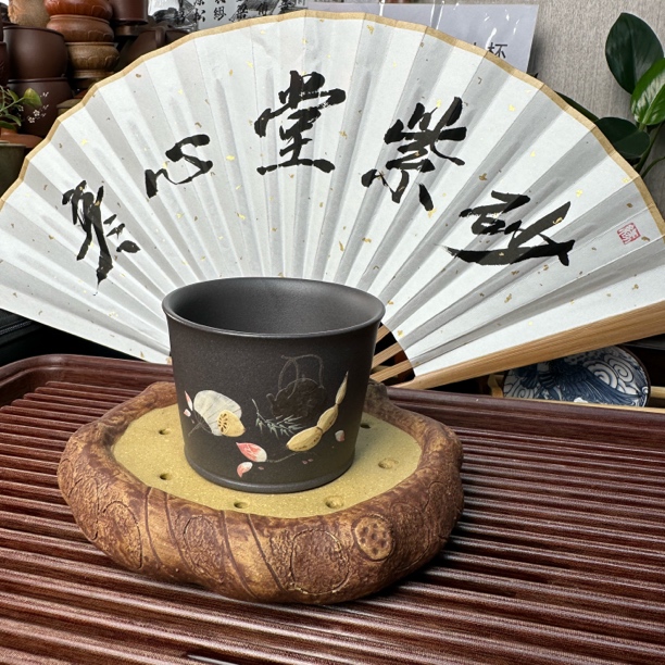 宜兴紫砂天青彩绘堆绘马蹄陶瓷主人杯150cc全手工纯手工创意