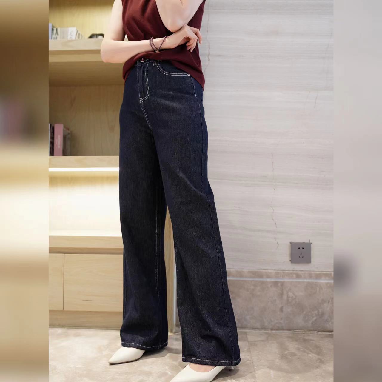 【YAN】高腰净色版一粒扣直筒阔腿拖地牛仔裤秋冬款 # KL06515