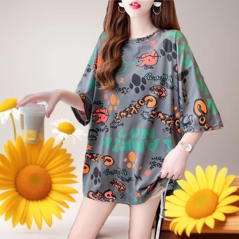 宽松休闲款T恤夏季大码百搭时尚半袖显瘦中长款洋气大版圆领卡通0