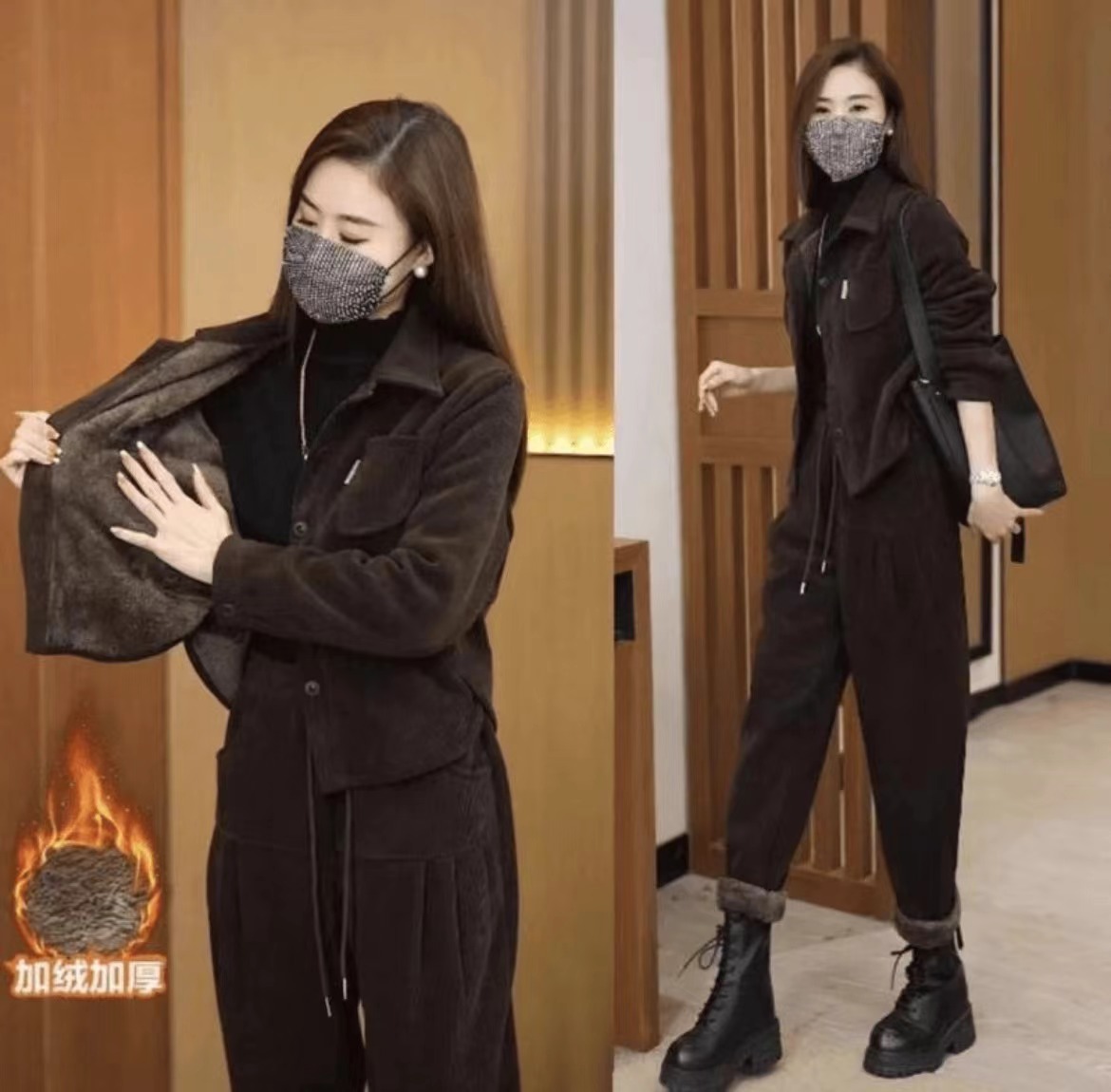 2024加绒加厚时尚休闲两件套装女洋气小个子显瘦灯芯绒