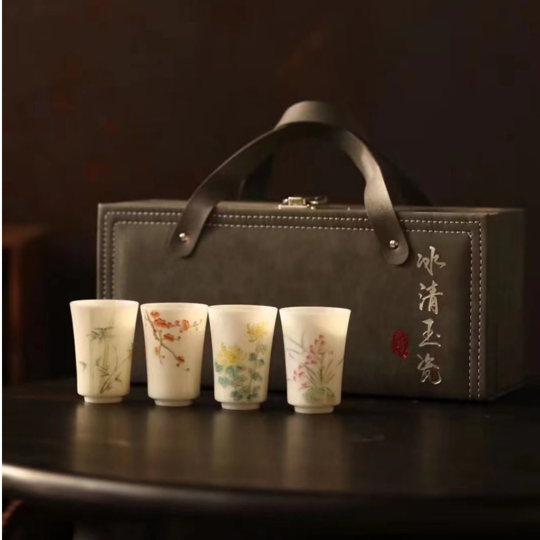 乐博冰种玉瓷手绘四君子梅兰竹菊闻香杯陶瓷茶杯主人杯四个装盒装