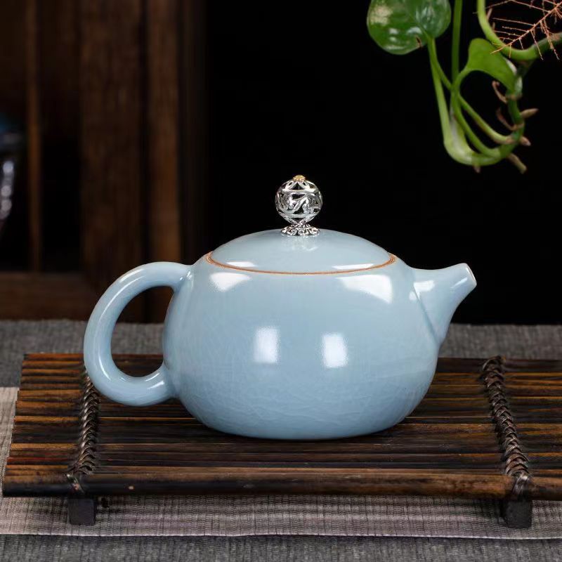 天青汝窑西施茶壶单壶家用开片可养仿宋汝瓷陶瓷高档复古功夫茶具