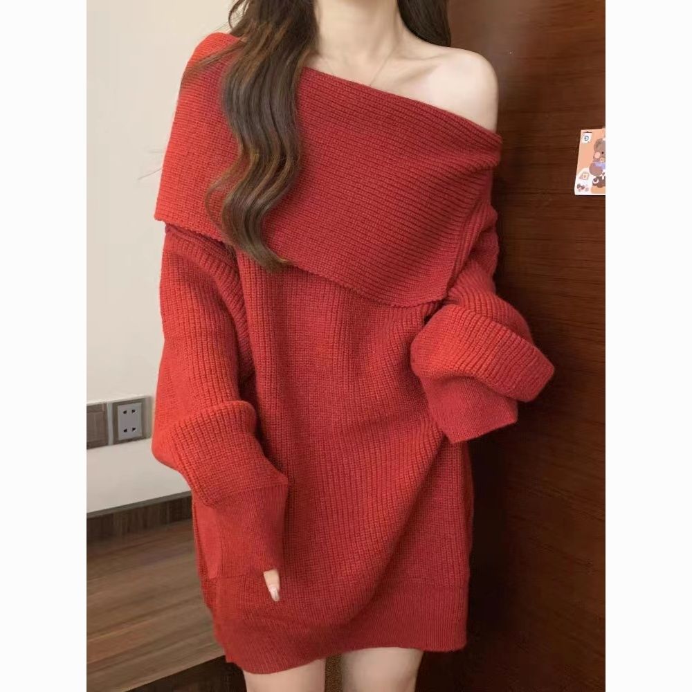 大码女装2023秋冬法式一字肩毛衣女胖mm显瘦气质加厚中长款针织衫