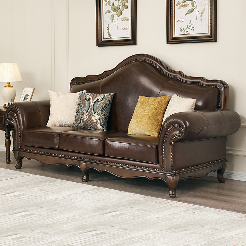 新款美式真皮沙发宫廷复古原木雕花欧式奢华别墅客厅家具