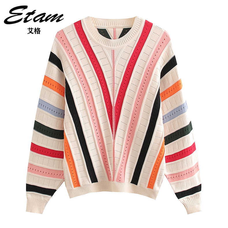 Etam/艾格赵今麦同款彩虹镂空斜条针织衫小众长袖宽松毛衣外搭