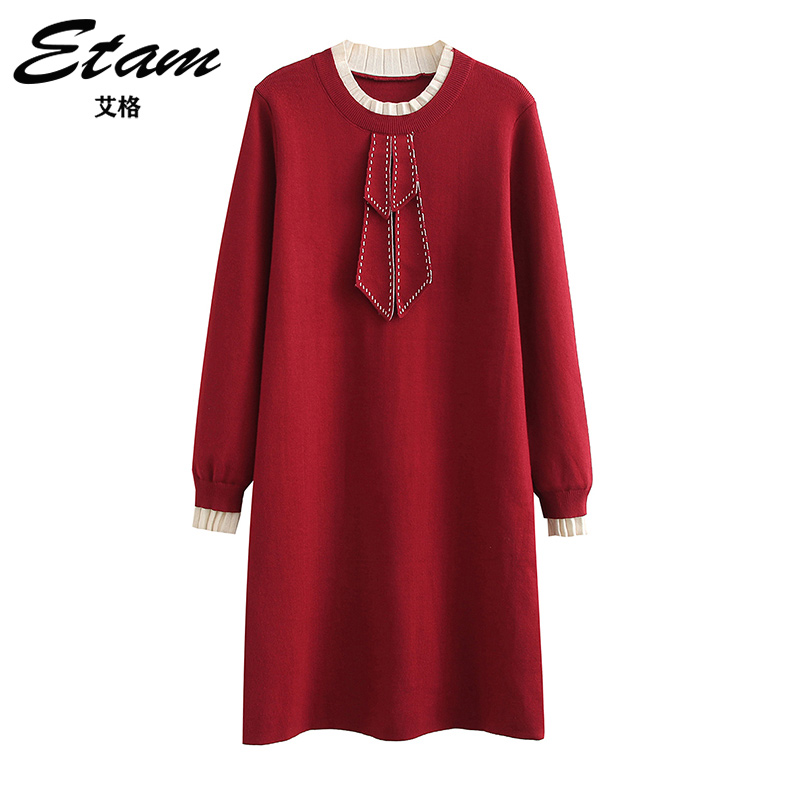 Etam/艾格秋冬新款新年红连衣裙领带设计感显瘦宽松中长款A字裙