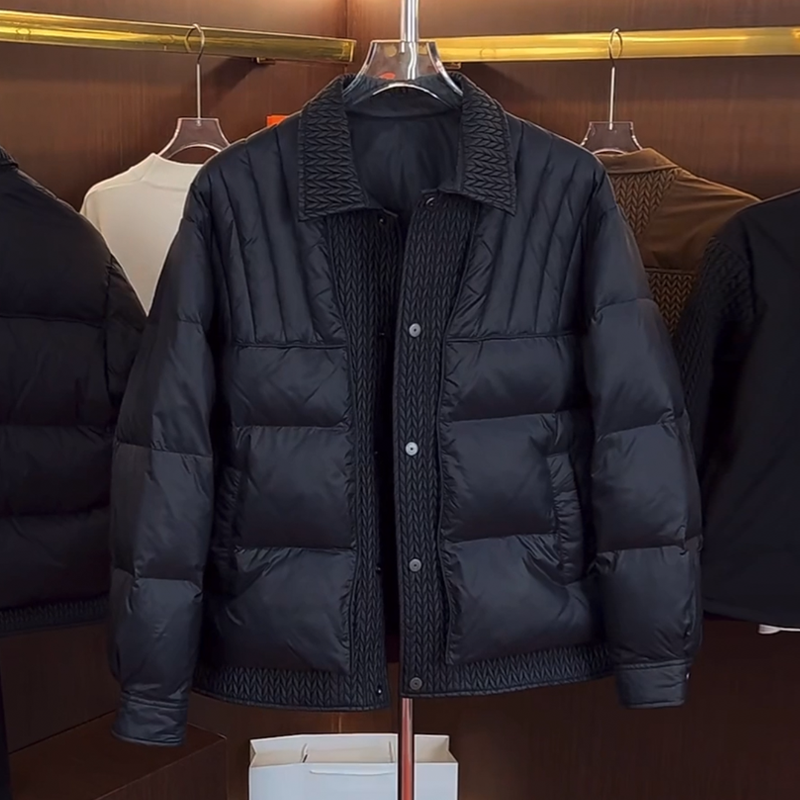 白鸭绒羽绒服男装2023冬季新款潮流翻领拼接麦穗短款保暖外套