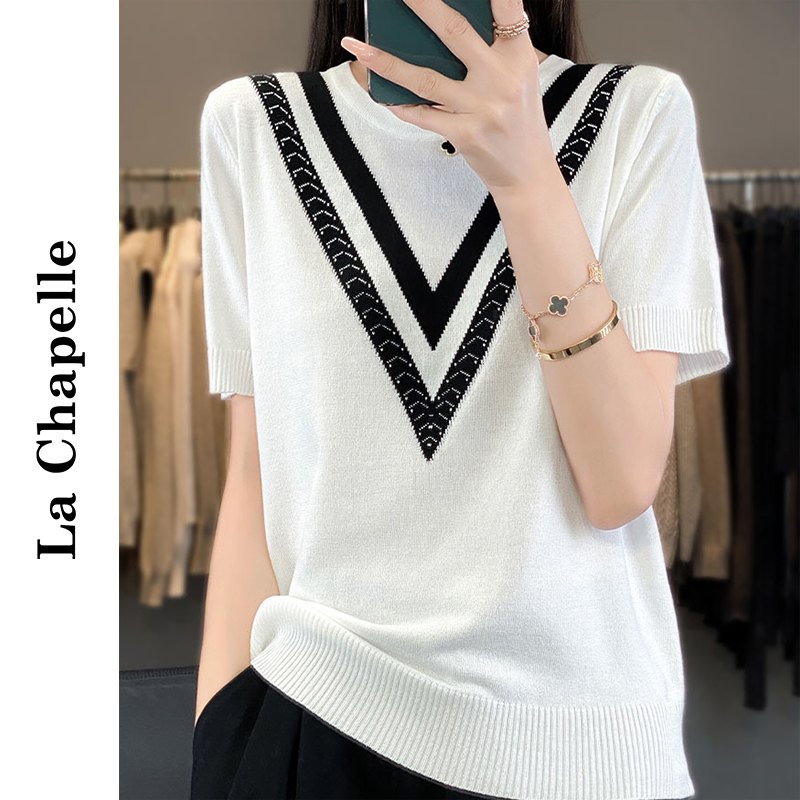 La Chapelle/拉夏贝尔新款大V黑白减龄拼接显瘦短袖T恤2004.BY宝