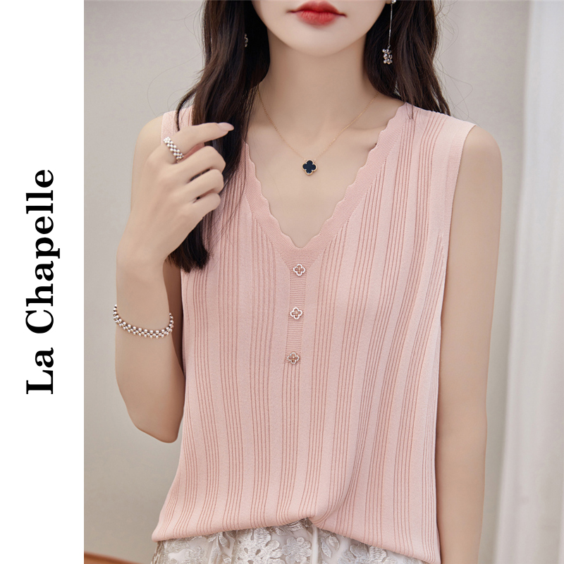 La Chapelle/拉夏贝尔花边V领竖条纹针织气质吊带背心4600.BY宝