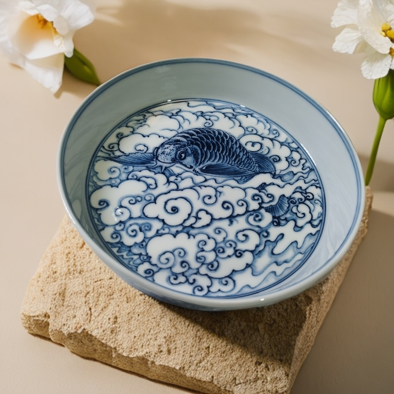 在云端龙鱼图案青花壶承茶盘直径14.5高3.5。